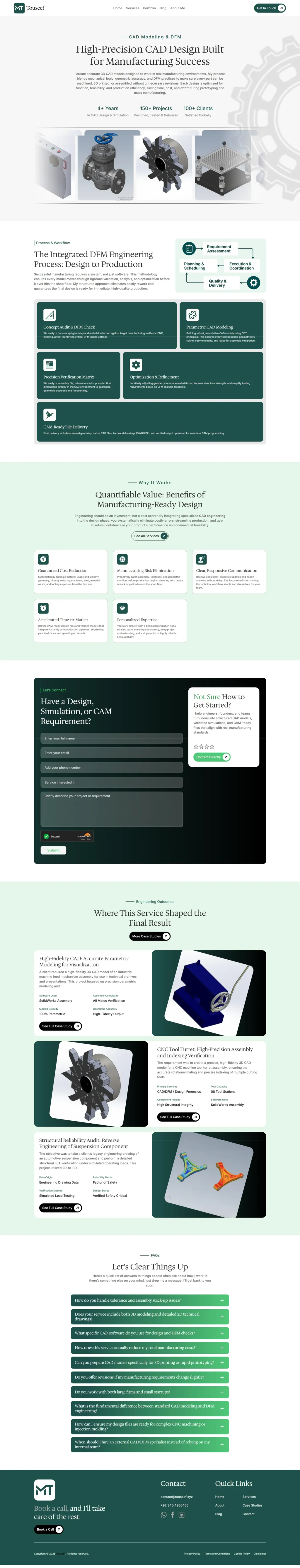 A specialized service page for CAD and DFM, showcasing engineering web design precision and high-intent service descriptions.