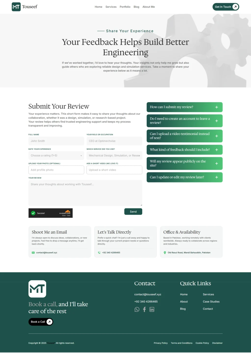 Client trust signals and technical reviews layout, demonstrating website trust signals and professional credibility.