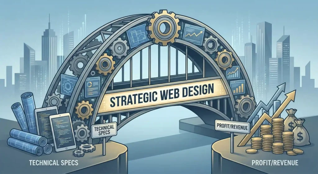 An architectural bridge illustration representing strategic web design connecting technical specifications to business profit and revenue.