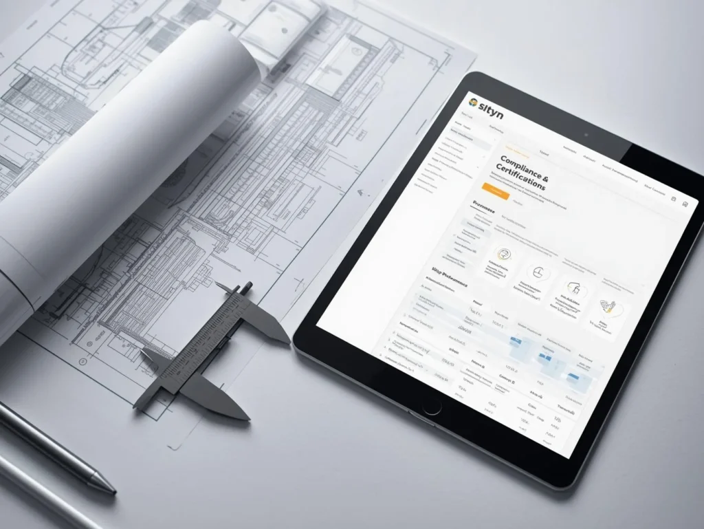 A digital tablet displaying an engineering compliance and certifications webpage resting on top of professional technical blueprints and architectural tools.