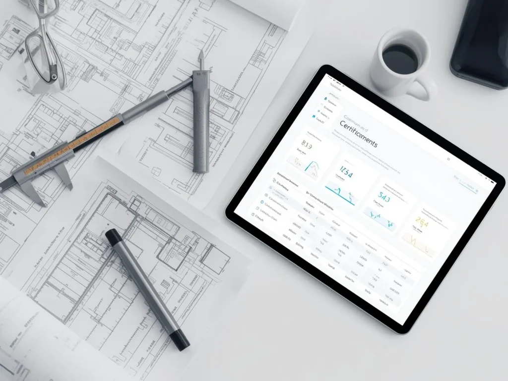 Top-down view of a modern workspace featuring a tablet displaying an engineering certifications dashboard next to traditional paper blueprints and coffee.