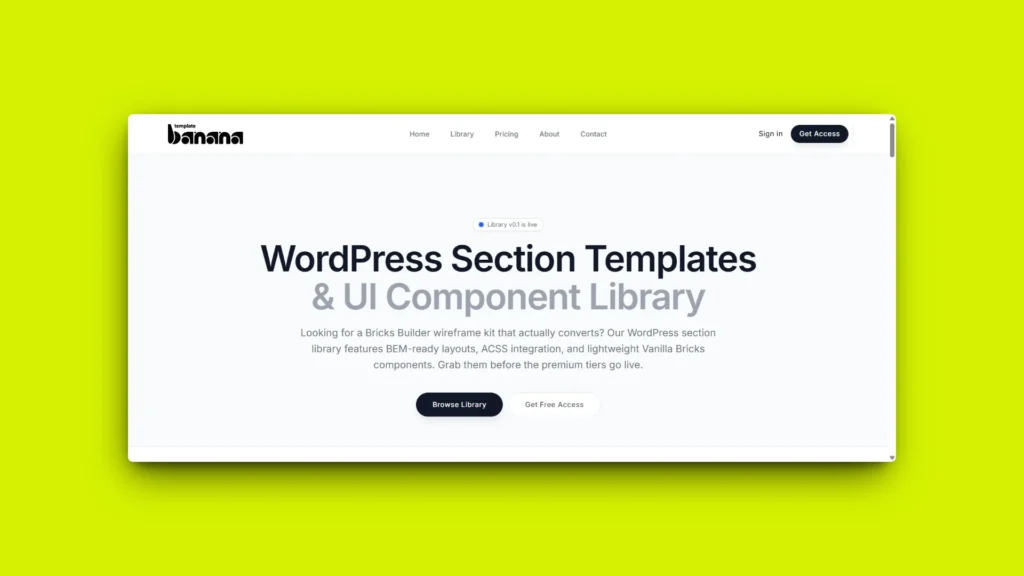 Sityn’s internal project hero section for TemplateBanana, showcasing high-performance automatic web templates and clean-code UI.