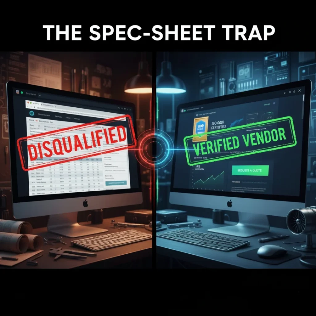 Comparison of an outdated engineering website marked "Disqualified" versus a modern, high-performance Sityn digital engine marked "Verified Vendor.