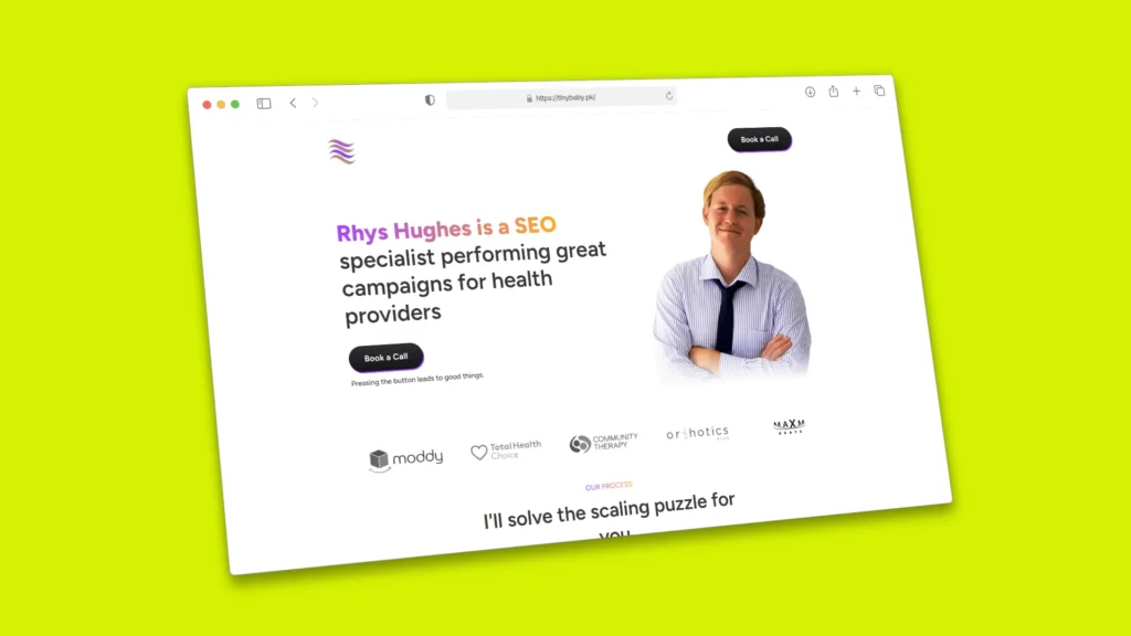 Webpage featuring an SEO specialist promoting campaigns for health providers. Shows a smiling individual in a shirt and tie with crossed arms. Includes call-to-action buttons and logos of health-related organizations.