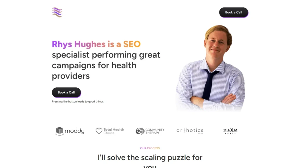 Webpage featuring an SEO specialist promoting campaigns for health providers. Shows a smiling individual in a shirt and tie with crossed arms. Includes call-to-action buttons and logos of health-related organizations.