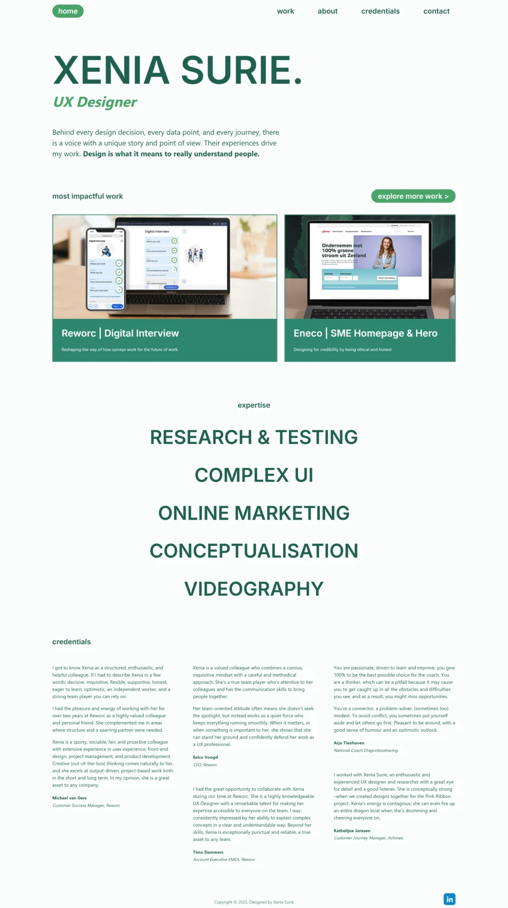 A full-page view of the Xenia Surie site, demonstrating mobile friendly website development and a minimalist layout engineered by our web development agency.